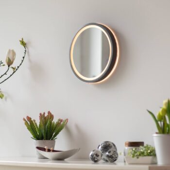 LED nástenné zrkadlo VIDRO, sivá, Ø 26 cm, powerbanka, vypínač