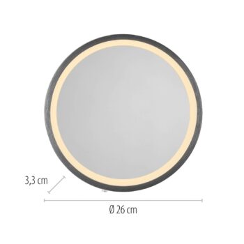 LED nástenné zrkadlo VIDRO, sivá, Ø 26 cm, powerbanka, vypínač