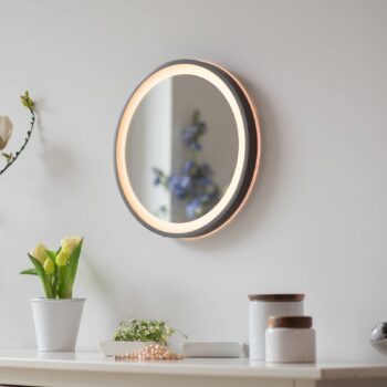LED nástenné zrkadlo VIDRO, sivá, Ø 36 cm, powerbanka, vypínač