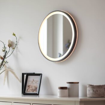 LED nástenné zrkadlo VIDRO, sivé, Ø 46 cm, powerbanka, vypínač