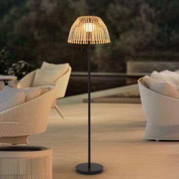 LED solárna stojacia lampa Lucande Eligio, bambus, Ø 39 cm, RGB