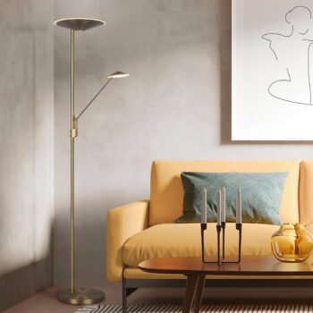 LED stojacia lampa Brantford, starožitná mosadz