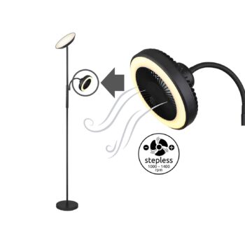 LED stojacia lampa Davyd, čierna, 178 cm, lampa na citanie, ventilátor