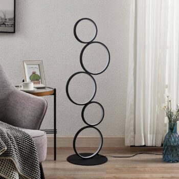 LED stojacia lampa Lindby Jacek, čierna, kov, 110 cm, krúžky