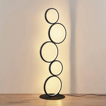 LED stojacia lampa Lindby Jacek, čierna, kov, 110 cm, krúžky