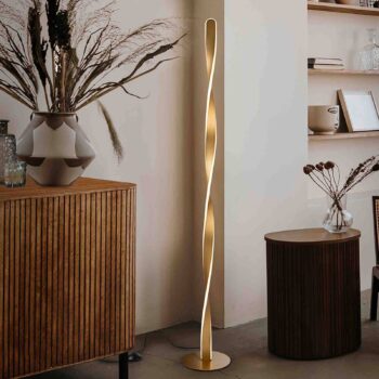 LED stojacia lampa Twist, hliník, kov, akryl, zlatá farba