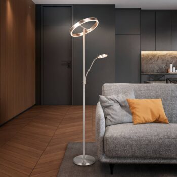 LED stojacia lampa Willis, nikel, výška 180 cm, kovový stmievač CCT