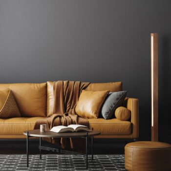 LED stojacie svietidlo Teo, orech, 120 cm, dotykový stmievač