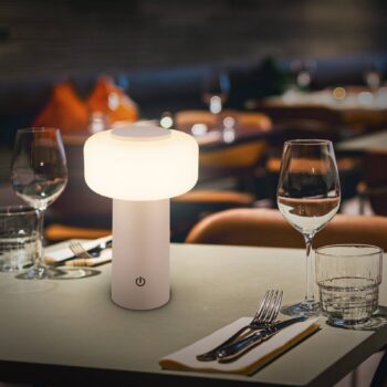 LED stolová lampa Juna, béžová, IP44, stmievateľná, 20 cm