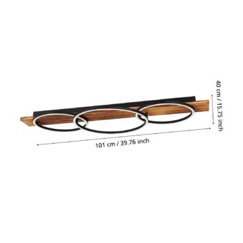LED stropné svietidlo Boyal, čierne, dĺžka 101 cm, drevo, 3 svetlá.