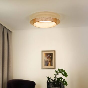 LED stropné svietidlo Luneta, juta, biela/hnedá, Ø 60 cm, 3-stupňové stmievanie