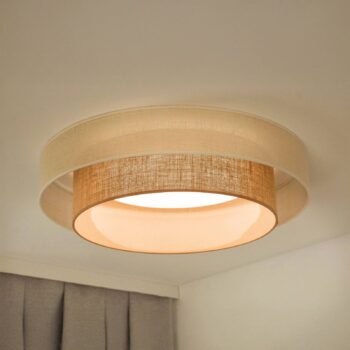 LED stropné svietidlo Luneta, juta, biela/hnedá, Ø 60 cm, 3-stupňové stmievanie