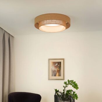 LED stropné svietidlo Luneta, juta, hnedá farba, Ø 60 cm, 3-stupňové stmievanie