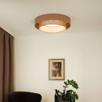 LED stropné svietidlo Luneta, juta, hnedá farba, Ø 60 cm, 3-stupňové stmievanie