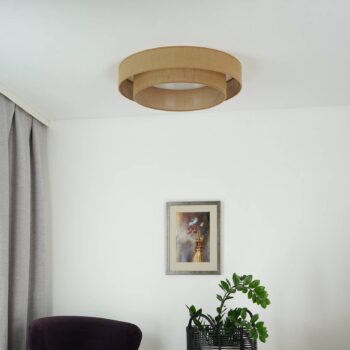 LED stropné svietidlo Luneta, juta, hnedá farba, Ø 60 cm, 3-stupňové stmievanie