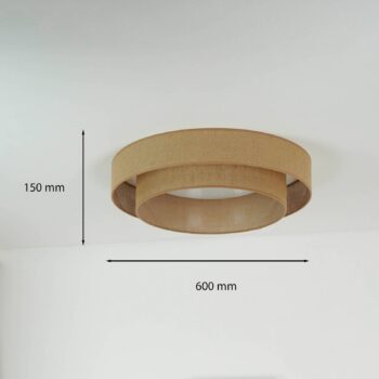LED stropné svietidlo Luneta, juta, hnedá farba, Ø 60 cm, 3-stupňové stmievanie