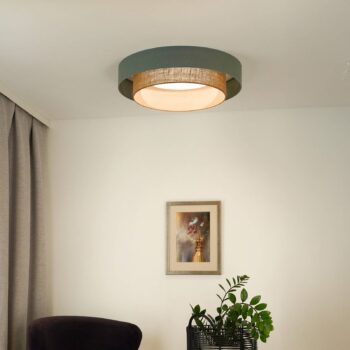 LED stropné svietidlo Luneta, šalvia/juta, Ø 60 cm, 3-stupňové stmievanie
