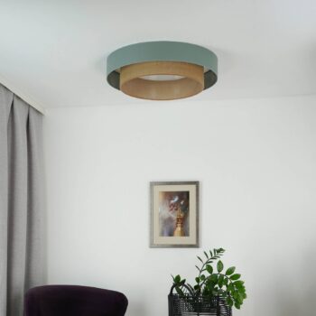 LED stropné svietidlo Luneta, šalvia/juta, Ø 60 cm, 3-stupňové stmievanie