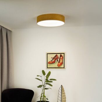 LED stropné svietidlo Plafond, horčicovo žltá, tkanina, Ø 45 cm, 3-stupňové