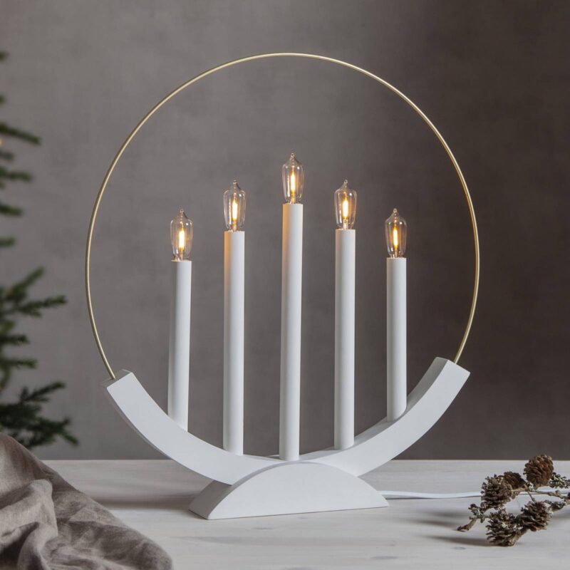 LED svietnik Brace, 5-plameňový, biela/zlatá LED svietnik Brace, 5-plameňový, biela/zlatá
