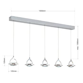 LED trámové závesné svietidlo Moon, 5-pl., chróm