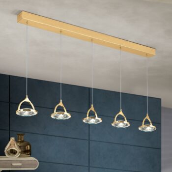 LED trámové závesné svietidlo Moon, 5-pl., zlatá