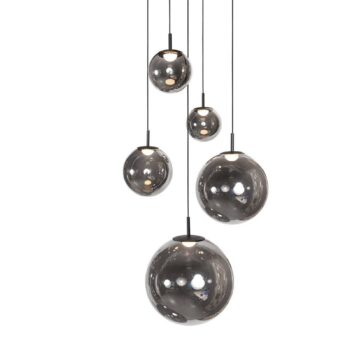 LED závesné svietidlo Bollique, 5-pl. okrúhle, čierne, sklo