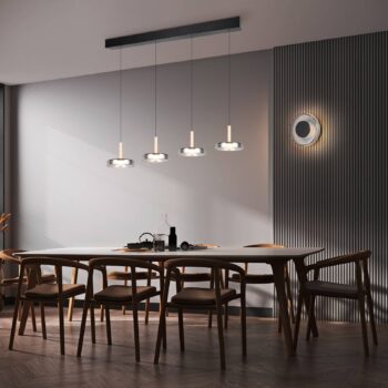 LED závesné svietidlo Celeste chróm/drevo 115 cm 4-osvetľovacie sklo