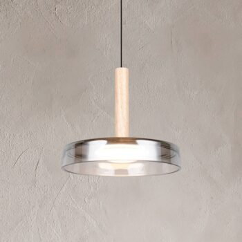 LED závesné svietidlo Celeste, chróm/drevo, Ø 22 cm, sklo, stmievateľné