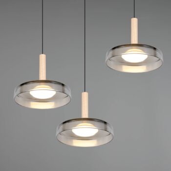 LED závesné svietidlo Celeste, chróm/drevo, Ø 35 cm 3-svetelné sklo dim
