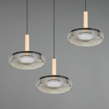 LED závesné svietidlo Celeste, chróm/drevo, Ø 35 cm 3-svetelné sklo dim