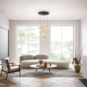 LED závesné svietidlo Deva, 3-pl., Ø 50 cm, jantárové, CCT, stmievateľné