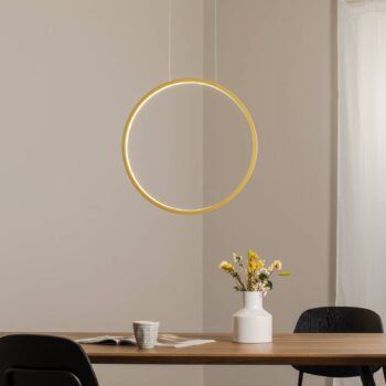 LED závesné svietidlo Saturno vertikálne, zlaté, Ø 50 cm, kov
