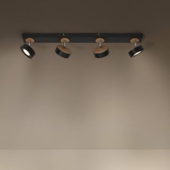 LEDVANCE LED stropný reflektor Pluto, oceľ, drevo, 4 svetlá, čierna