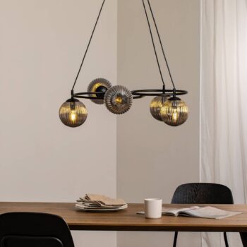 Lampa do obývačky Libra, dymovo sivá/čierna, Ø 70 cm, 5 svetiel.