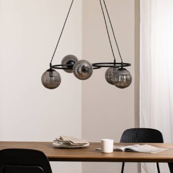 Lampa do obývačky Libra, dymovo sivá/čierna, Ø 70 cm, 5 svetiel.