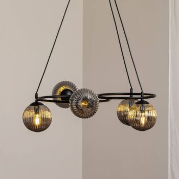 Lampa do obývačky Libra, dymovo sivá/čierna, Ø 70 cm, 5 svetiel.