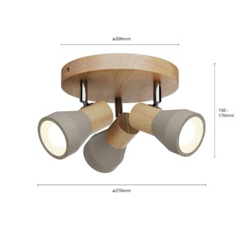 Lindby Filiz reflektor, 3 svetlá, Ø 20 cm, drevo, betón, E14
