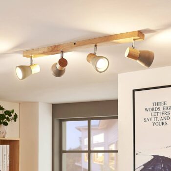 Lindby Filiz reflektor, 4 svetlá, 77 cm, drevo, betón, E14