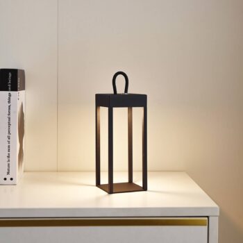 Lindby LED dobíjacia stolná lampa Iruna, čierna, kov, 27 cm, stmiev.