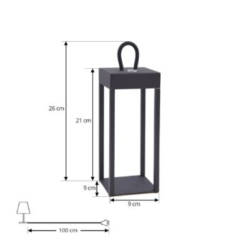 Lindby LED dobíjacia stolná lampa Iruna, čierna, kov, 27 cm, stmiev.