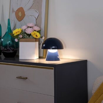 Lindby LED dobíjacia stolná lampa Nevijo, modrá, Ø18cm, USB, stmievač