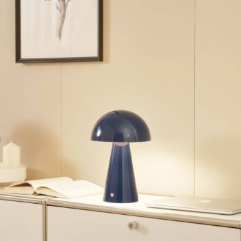 Lindby LED dobíjacia stolná lampa Nevijo, modrá, Ø20cm, USB, stmievač
