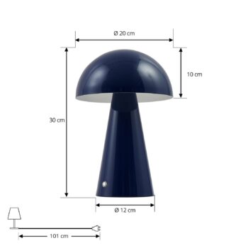 Lindby LED dobíjacia stolná lampa Nevijo, modrá, Ø20cm, USB, stmievač