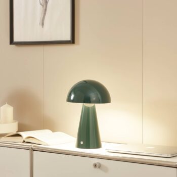 Lindby LED dobíjacia stolná lampa Nevijo, zelená, Ø20 cm, USB, stmievač