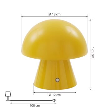Lindby LED dobíjacia stolná lampa Nevijo, žltá, Ø18cm, USB, stmievač