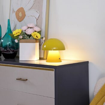 Lindby LED dobíjacia stolná lampa Nevijo, žltá, Ø18cm, USB, stmievač
