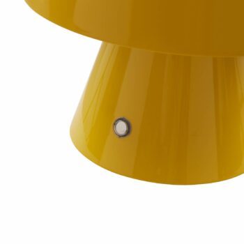 Lindby LED dobíjacia stolná lampa Nevijo, žltá, Ø18cm, USB, stmievač