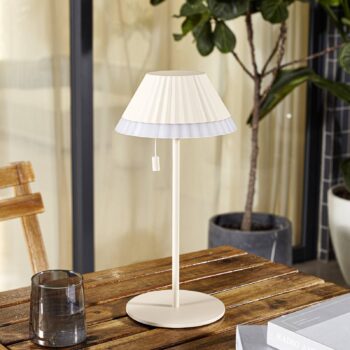 Lindby LED dobíjacia stolová lampa Ilvi, béžová, hliník, Ø 17,5 cm