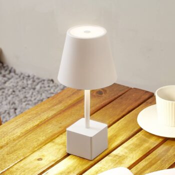 Lindby LED dobíjacia stolová lampa Janea CUBE, biela, kov